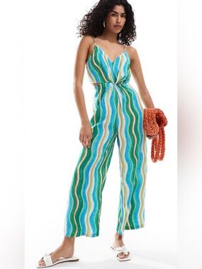 Mango Teal and White Striped V-Neck Maxi Dress